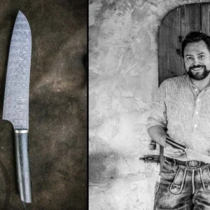 Fertiges Damastmesser aus dem Intensivkurs — Jagdmesser mit aufwendigem Griff und Damastmuster