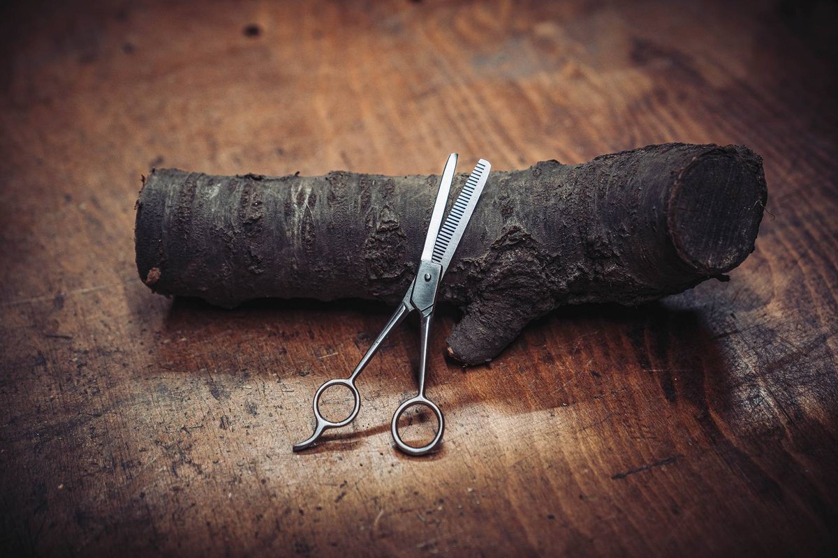 Effilierschere auf rustikaler Holzflaeche mit sichtbarer gezahnter Klinge