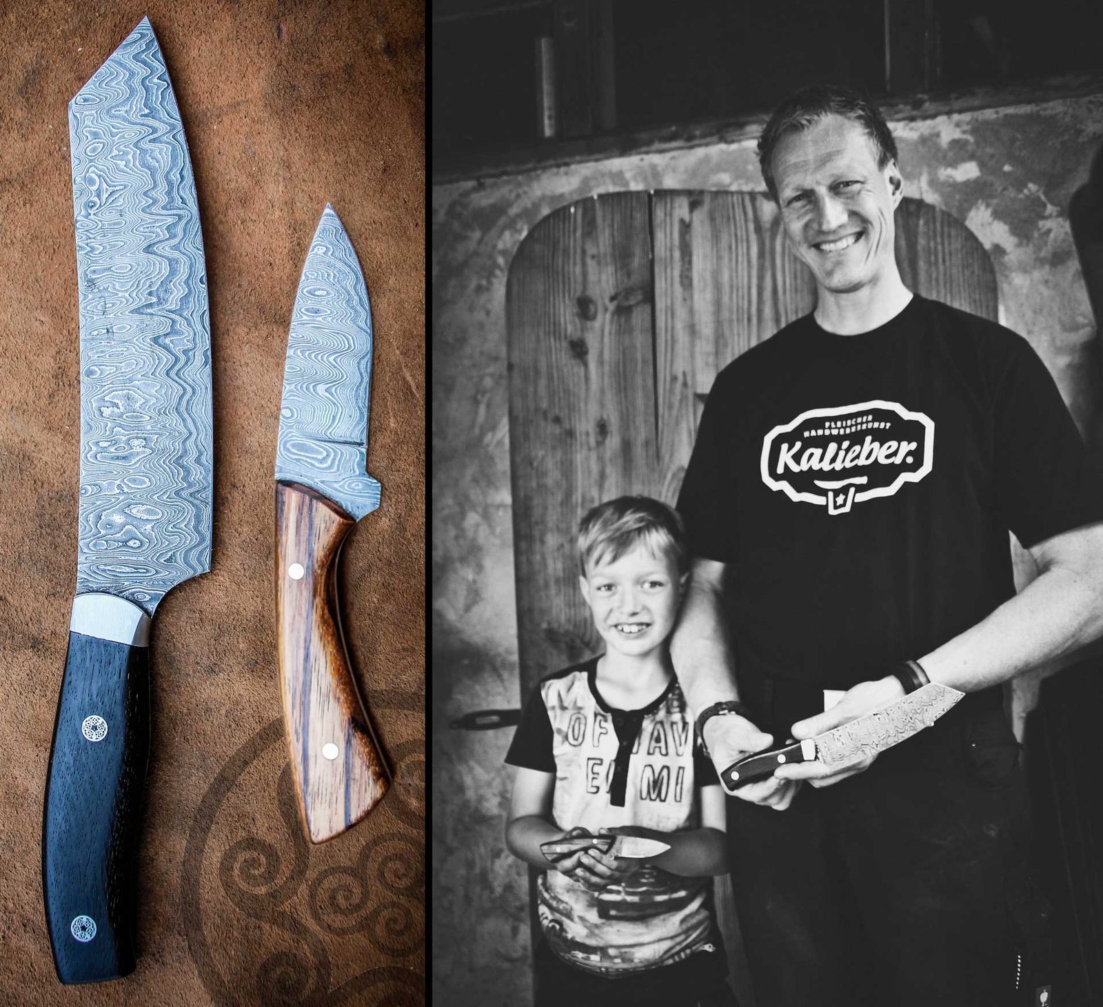 Vater und Sohn zeigen stolz ihre geschmiedeten Damastmesser