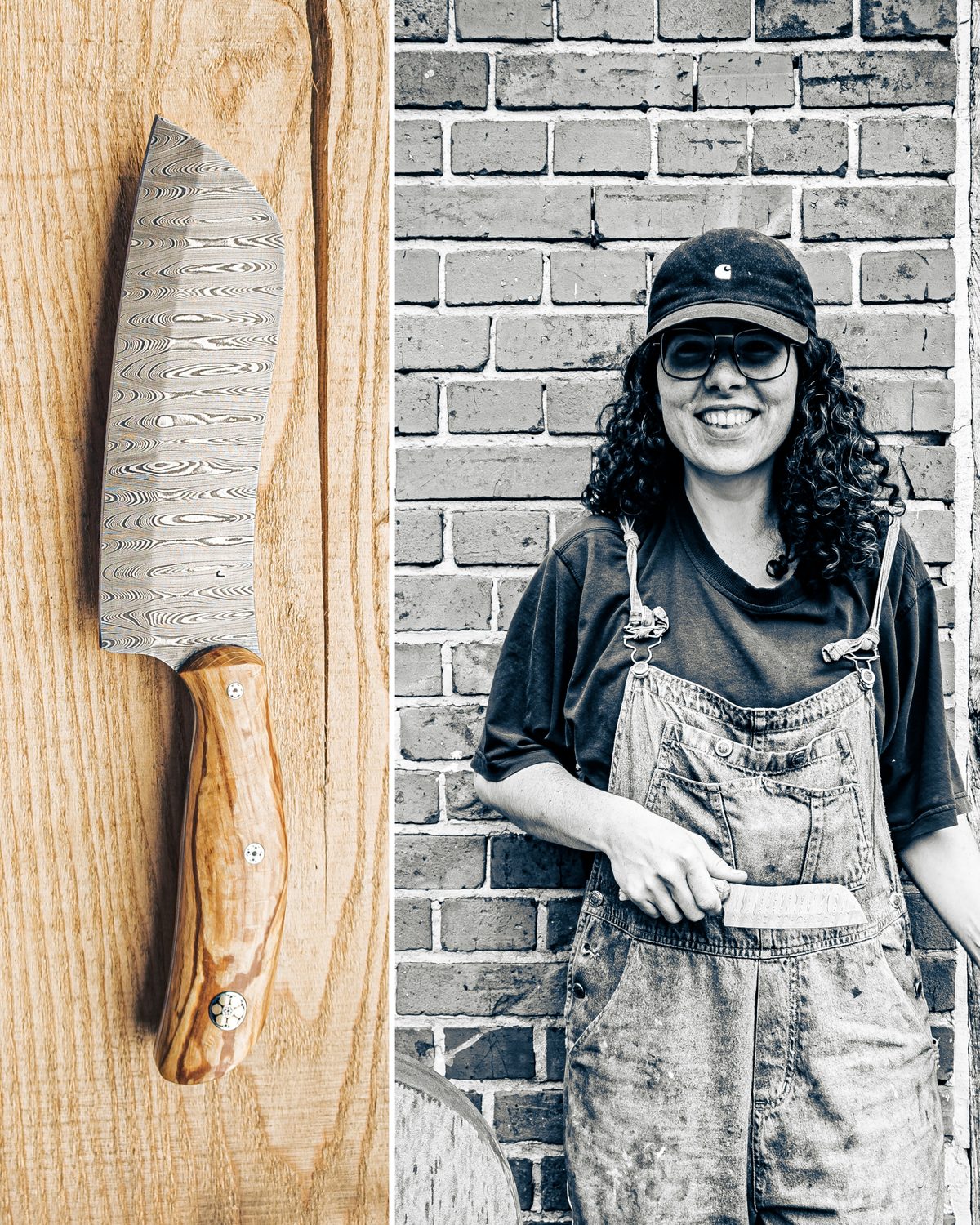 Kursteilnehmerin mit ihrem selbst geschmiedeten Damastmesser