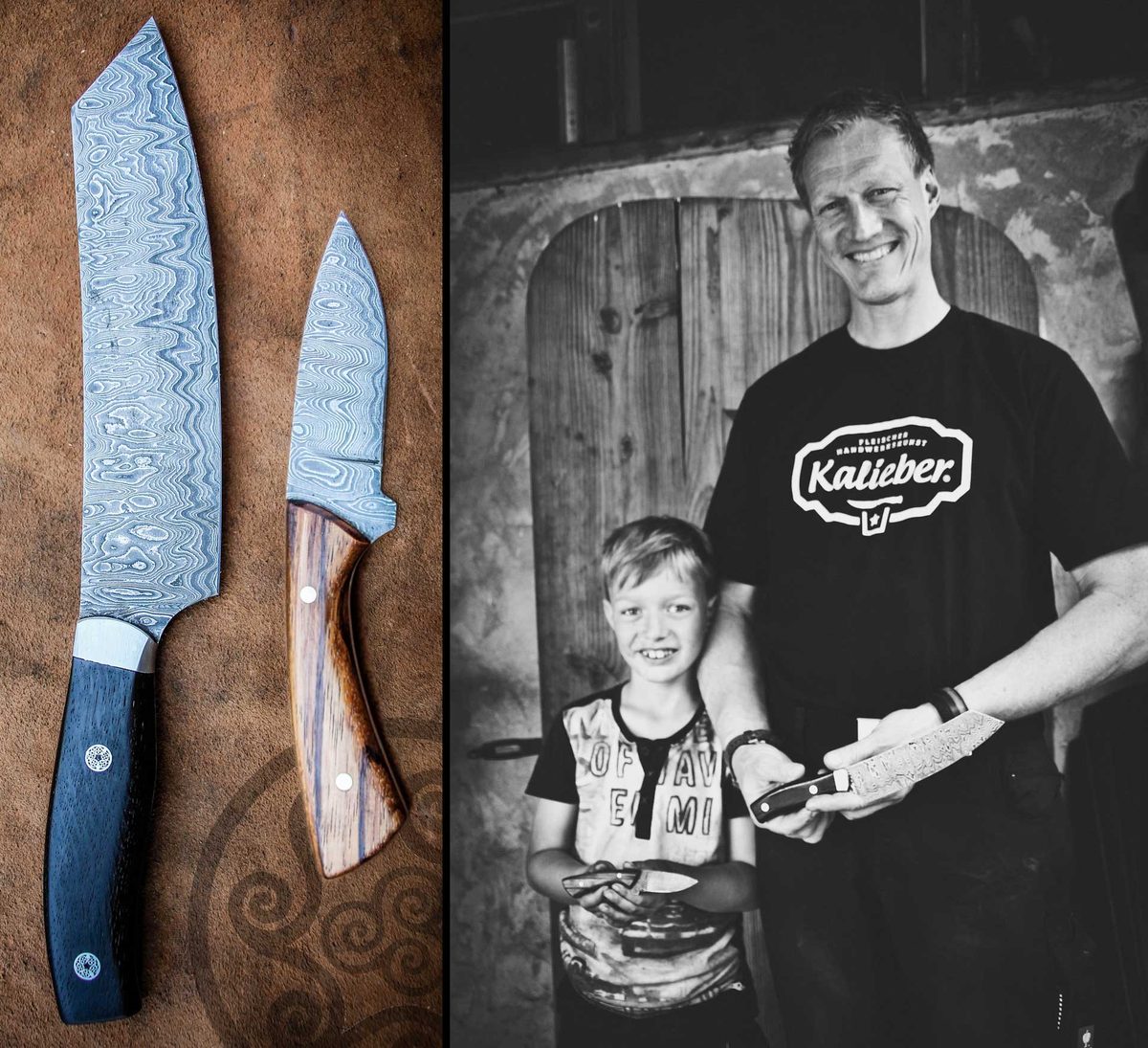 Vater und Sohn mit ihren selbst geschmiedeten Damastmessern