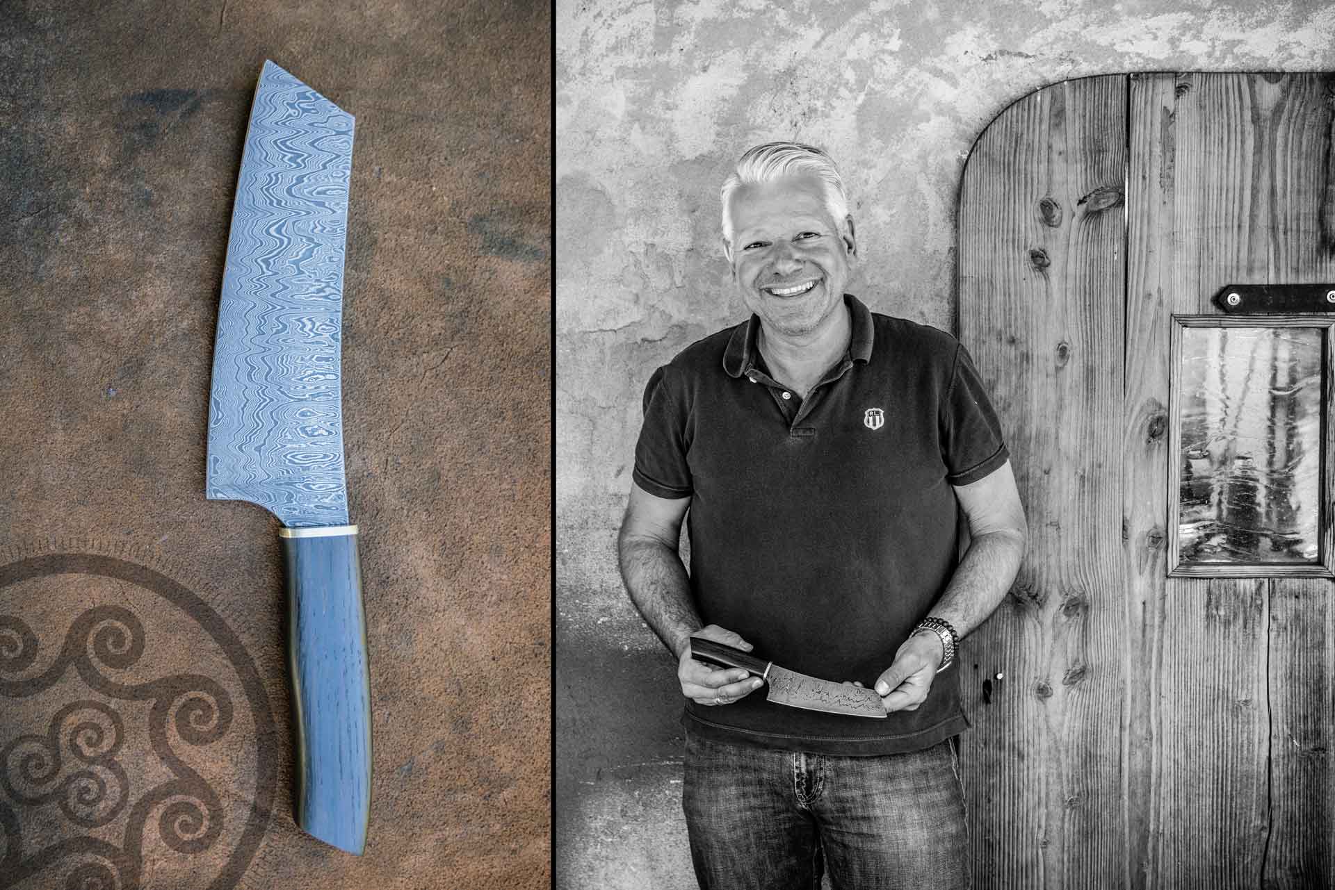 Fertiges Damastmesser aus dem Grundkurs &mdash; geschmiedet von einem Teilnehmer