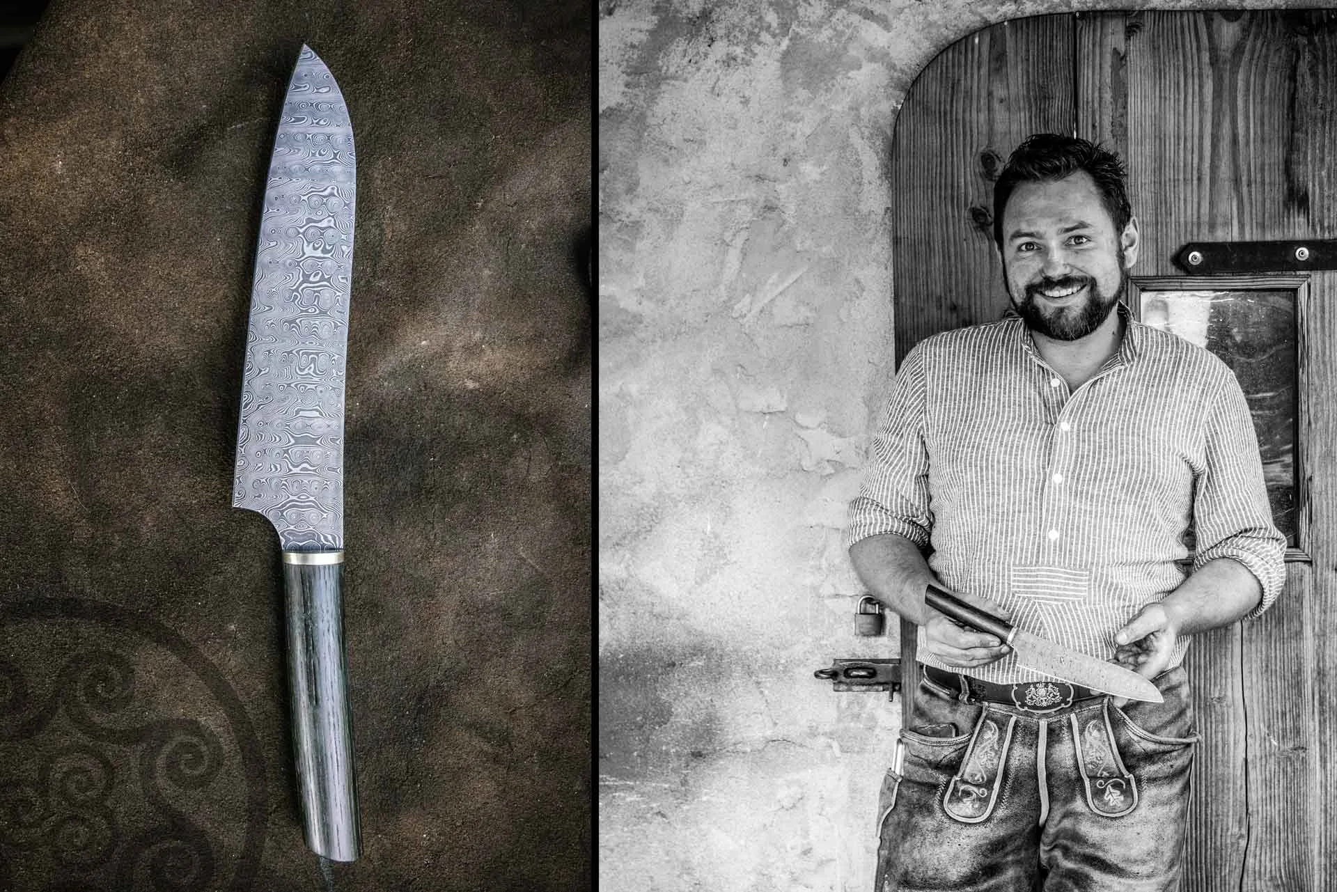 Fertiges Damastmesser aus dem Intensivkurs — Jagdmesser mit aufwendigem Griff und Damastmuster