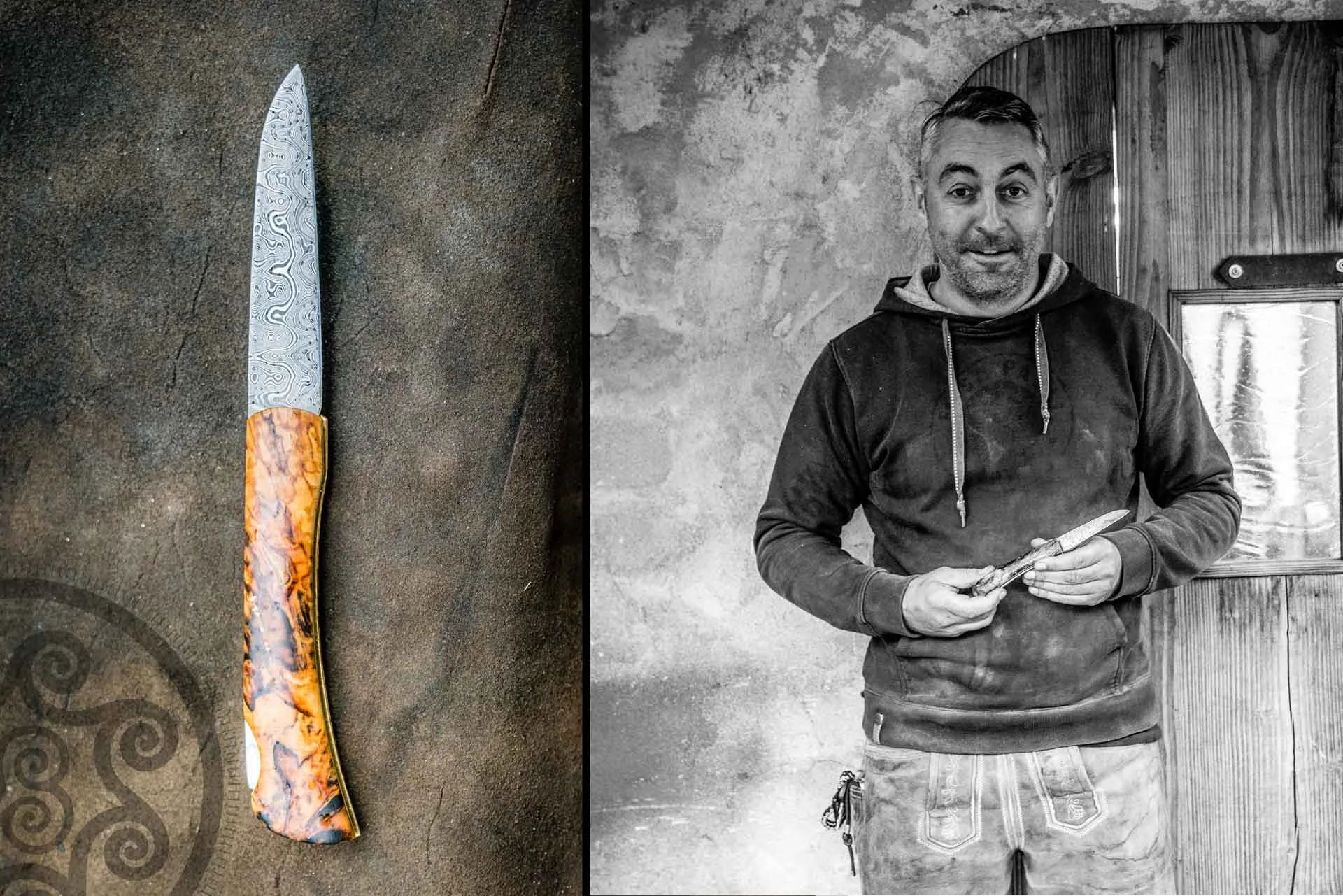 Klappmesser mit Damastklinge — handgeschmiedet im Moorschmied Schmiedekurs