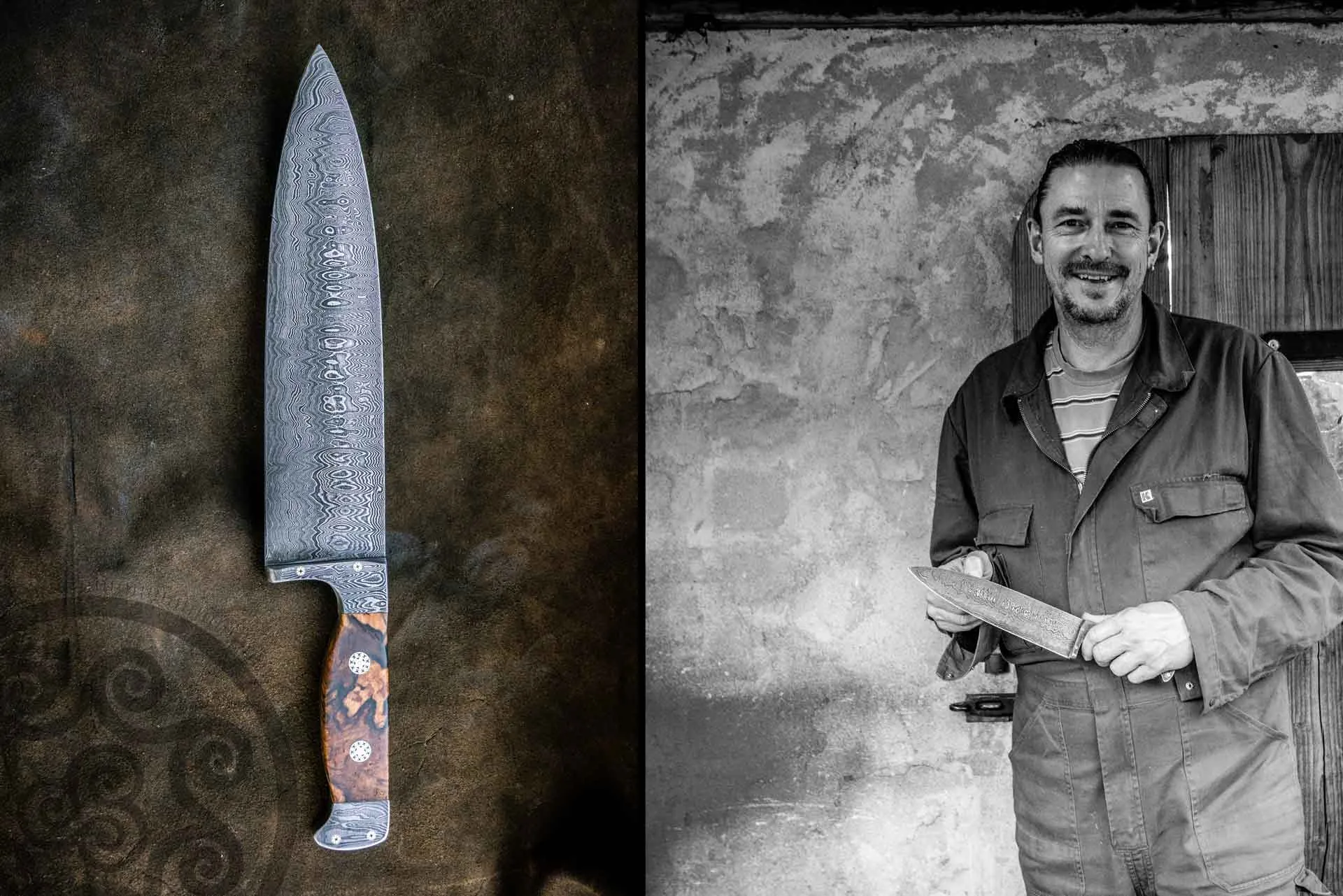 Fertiges Premium-Damastmesser — Santoku mit aufwendigem Griff und komplexem Damastmuster