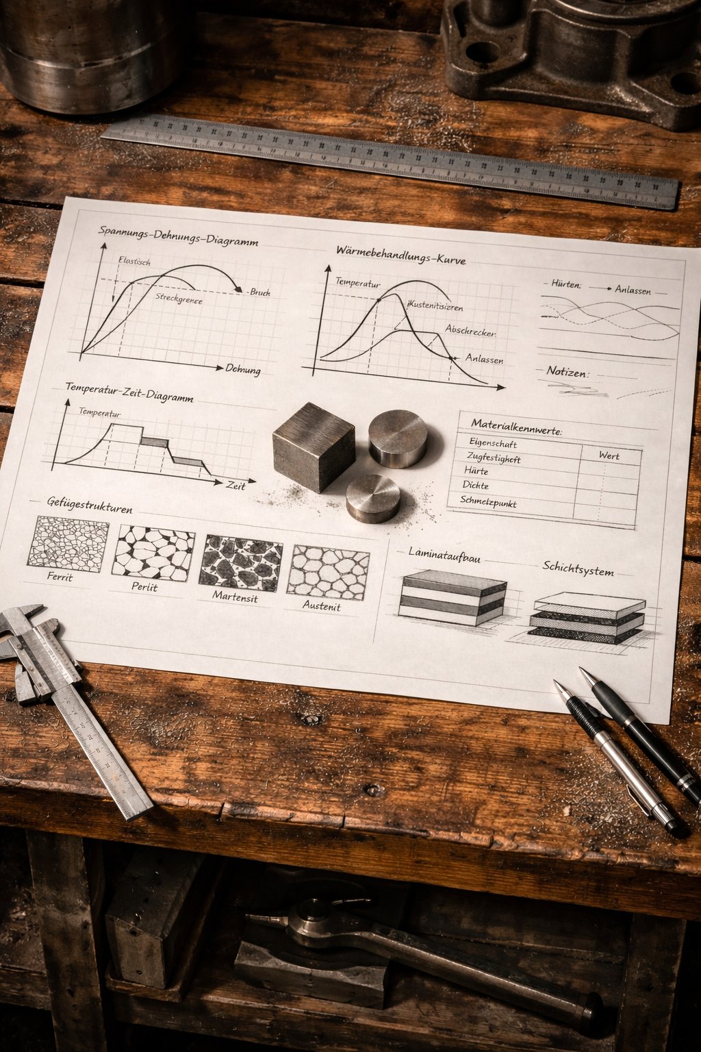 Werkstoffkunde-Lehrblatt mit Spannungs-Dehnungs-Diagramm, Wärmebehandlungs-Kurve, Temperatur-Zeit-Diagramm, Gefügestrukturen (Ferrit, Perlit, Martensit, Austenit) und Laminataufbau auf historischer Moorschmied-Werkbank