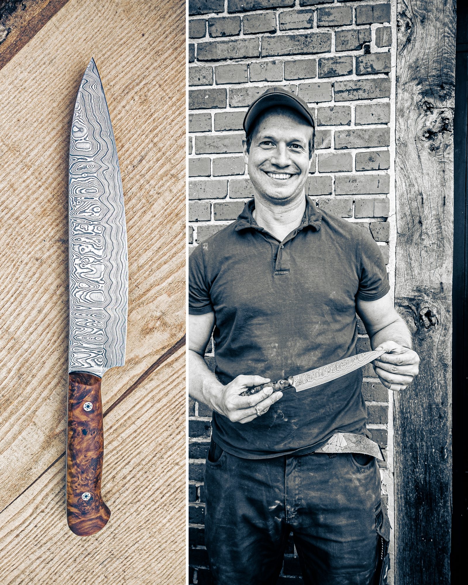 Stolzer Kursteilnehmer mit seinem selbst geschmiedeten Damastmesser