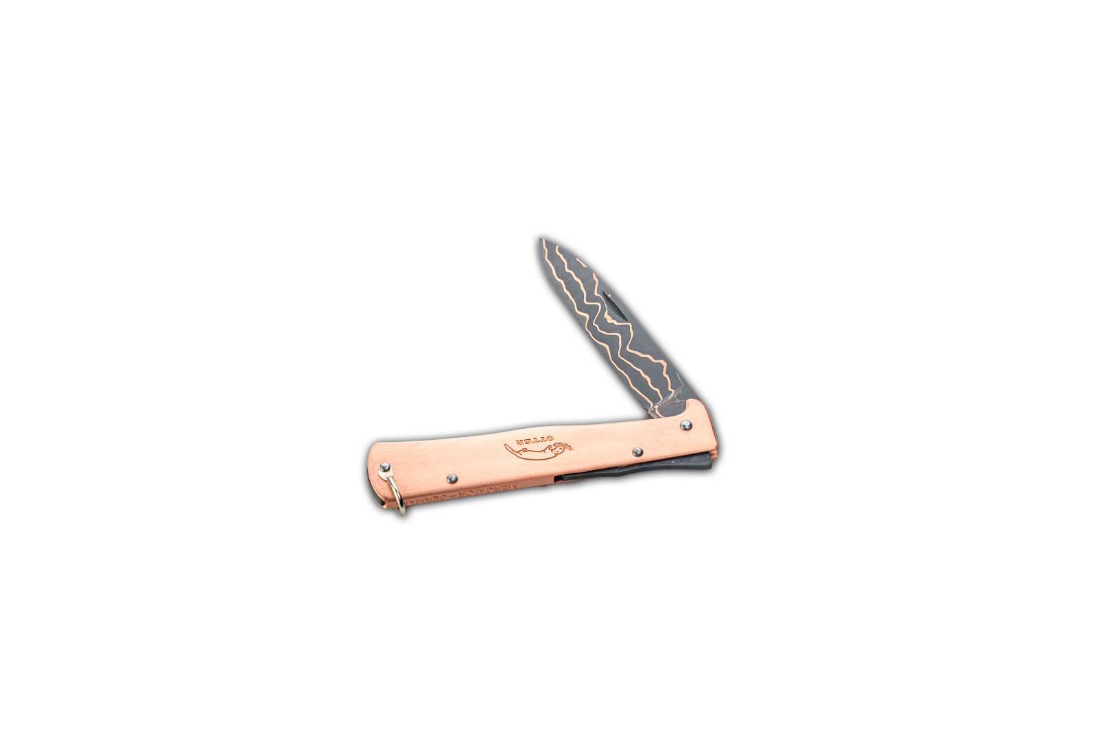 Wurmrot Mercator Klappmesser halb ge&ouml;ffnet &mdash; Kupferdamast-Muster in der Klinge sichtbar